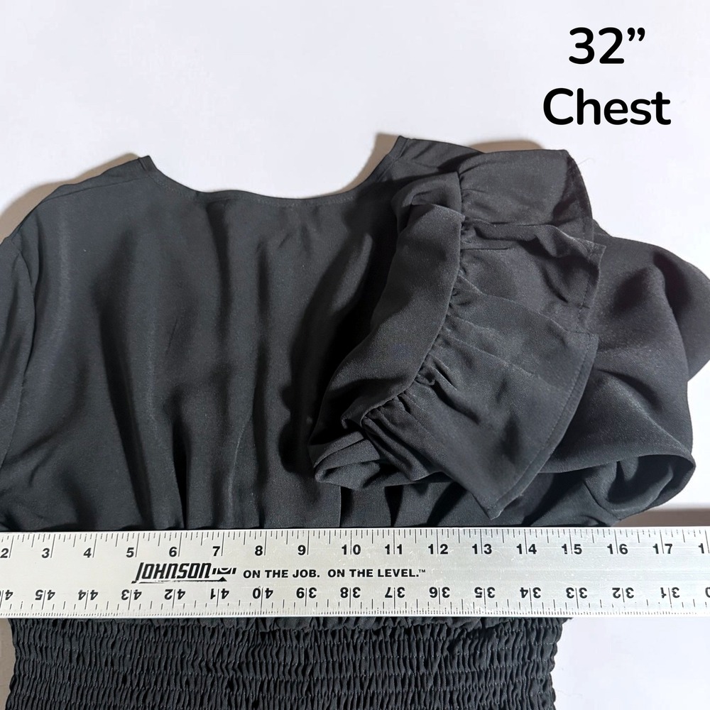 Black V-Neck Smocked Waist Bell Sleeve Ruffle Mini Dress Womens Medium - Picture 7 of 9